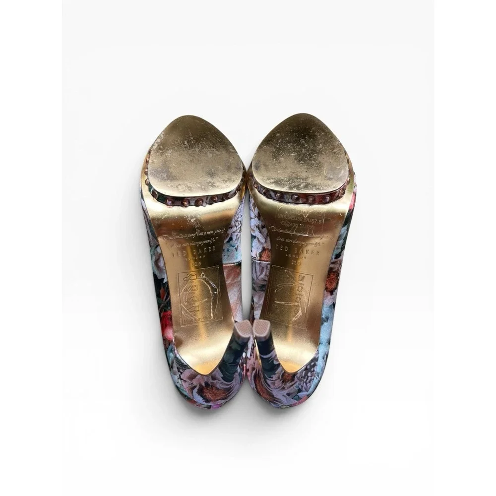 Ted Baker Leonar Floral Satin Peep Toe Platform Heels Rhinestone US 7.5 GORGEOUS